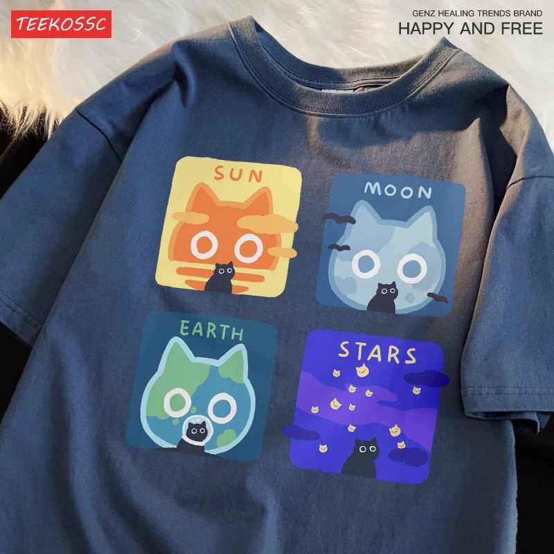 Astronomical Cat Triple Summer Loose Short Sleeved...