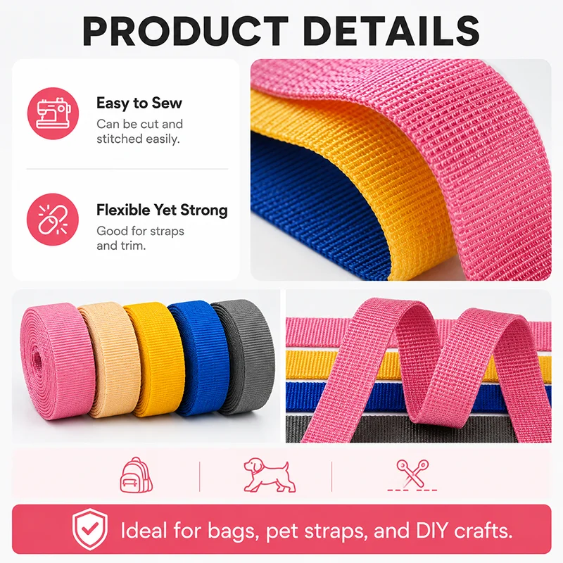 Durable Nylon Webbing Roll for Bag Strap and Decorative Accessories, 5M x 20-50mm