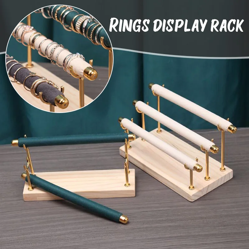 Wooden Base Velvet Rings Organizer Holder Three Layers Jewelry Display Stand Storage Rack Counter Ring Jewelry Display Stand