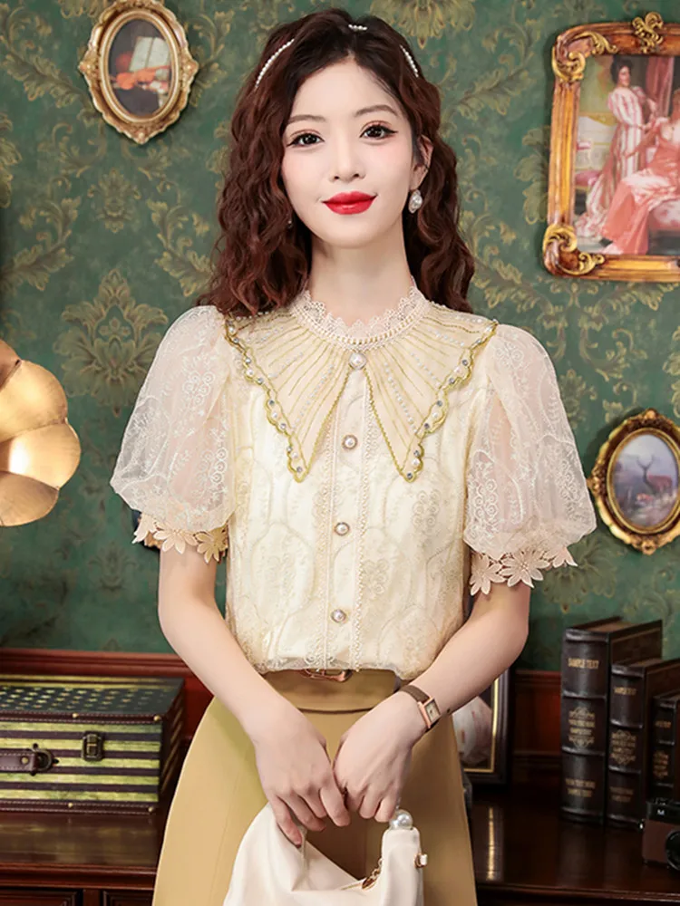 

Винтажный кружевной топ с бисером и коротким рукавом, Свободные повседневные женские топы, шикарная модная Милая однобортная блузка с буффами на рукавах для женщин