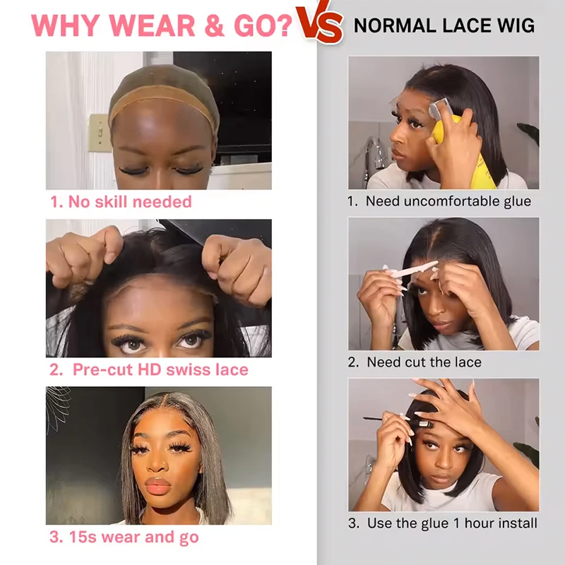 Wear And Go Glueless Bob Wig Human Hair Short Straight Lace Front Wigs Pre Cut Brazilian Hair 4x4 5X5 HD Lace Closure Wig 6