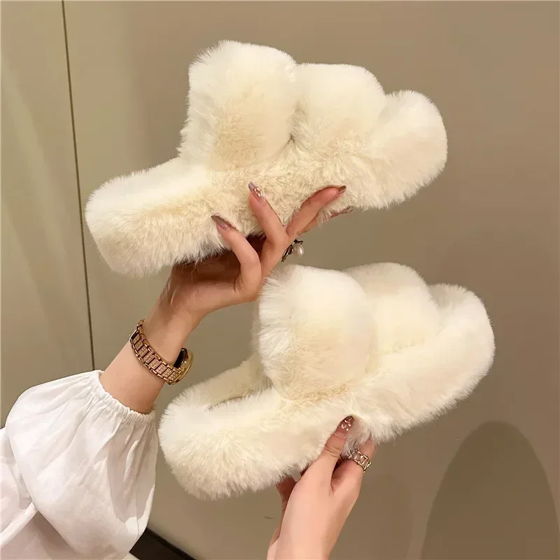 

2023 New Winter Open Toe Slipper Fashion Fur Thick Sole Flats Heel Ladies Casual Slip On Bedroom Shoes Soft Outdoor Slides Shoes