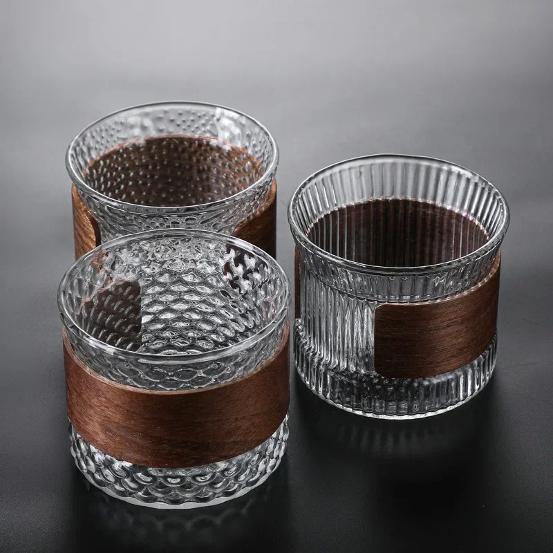 2Pcs/Set Espresso Glass with Wooden Handle Coffee Mug Glasses Whiskey Glass Vodka Shot Beautiful Tea Mugs Cute Mug tea cup spirits cup