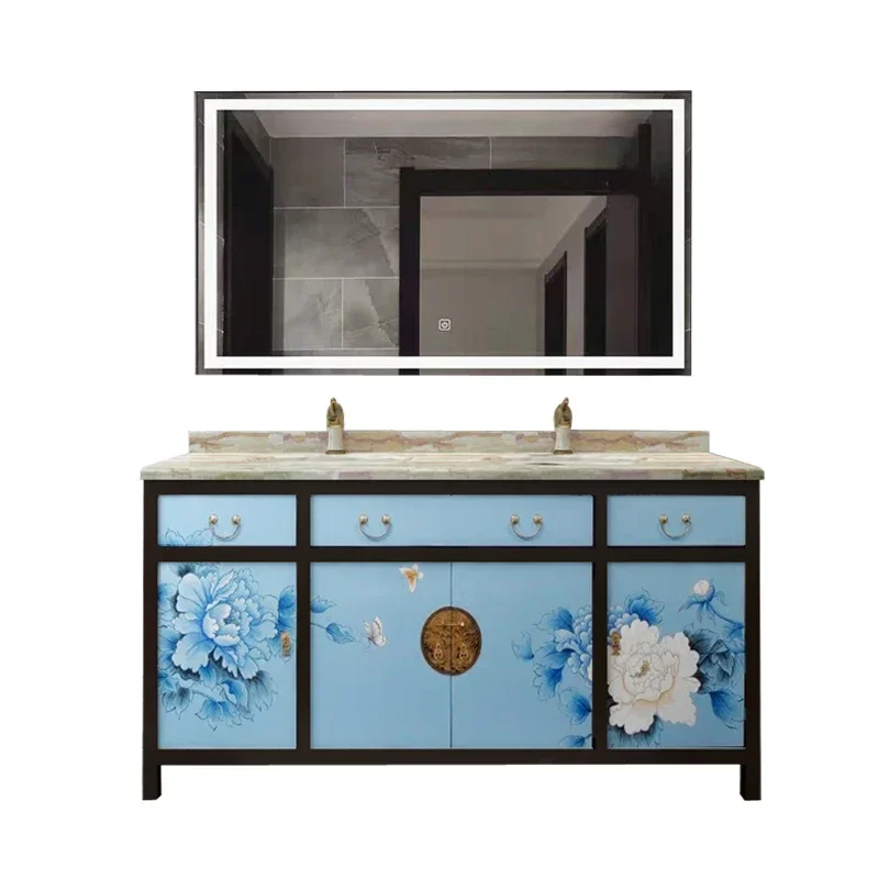 ~New Chinese Bathroom Cabinet Painted Flowers and Birds Antique Oak Bathroom Cabinet Combination Suit
