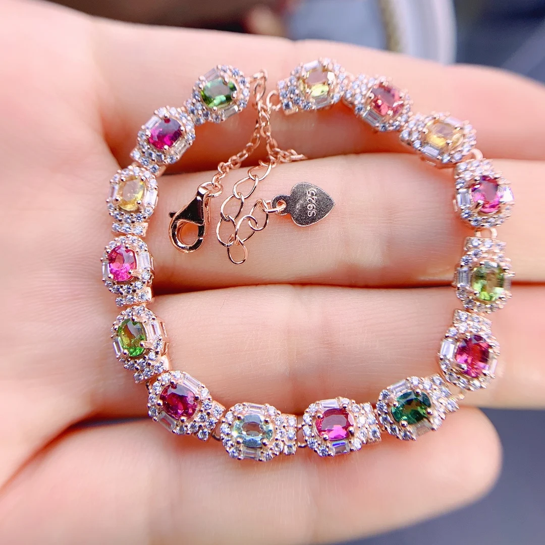 

Colored Tourmaline Bracelet for Women Luxury Jewelry Free shipping 925 Silver Christmas Women's Bracelet Gemstone New Sterling