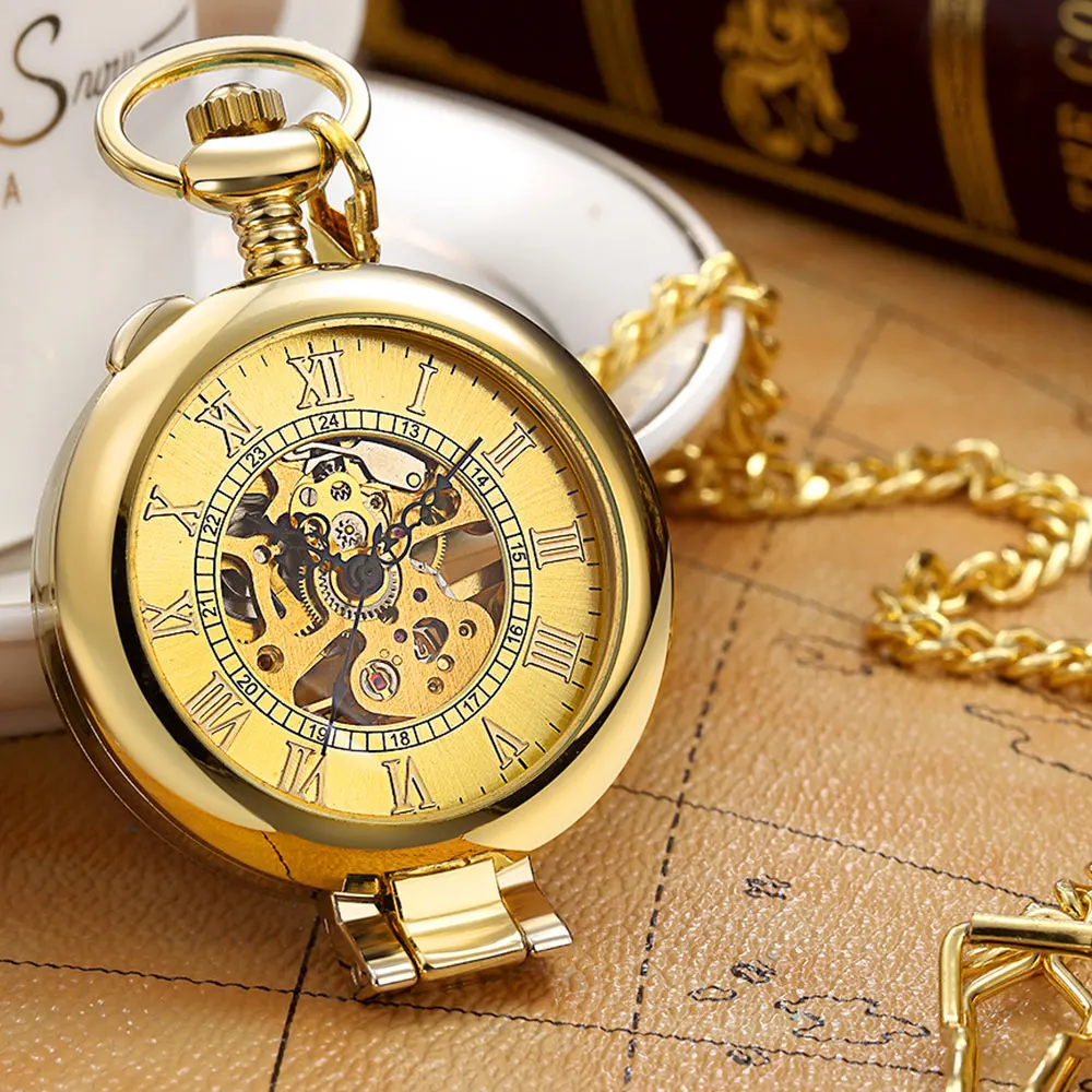 Vintage Mechanical Pocket Watch Roman Dial Hand Winding  Hollow Skeleton Steampunk Clock Full Steel Pocket Watch Chain Gifts