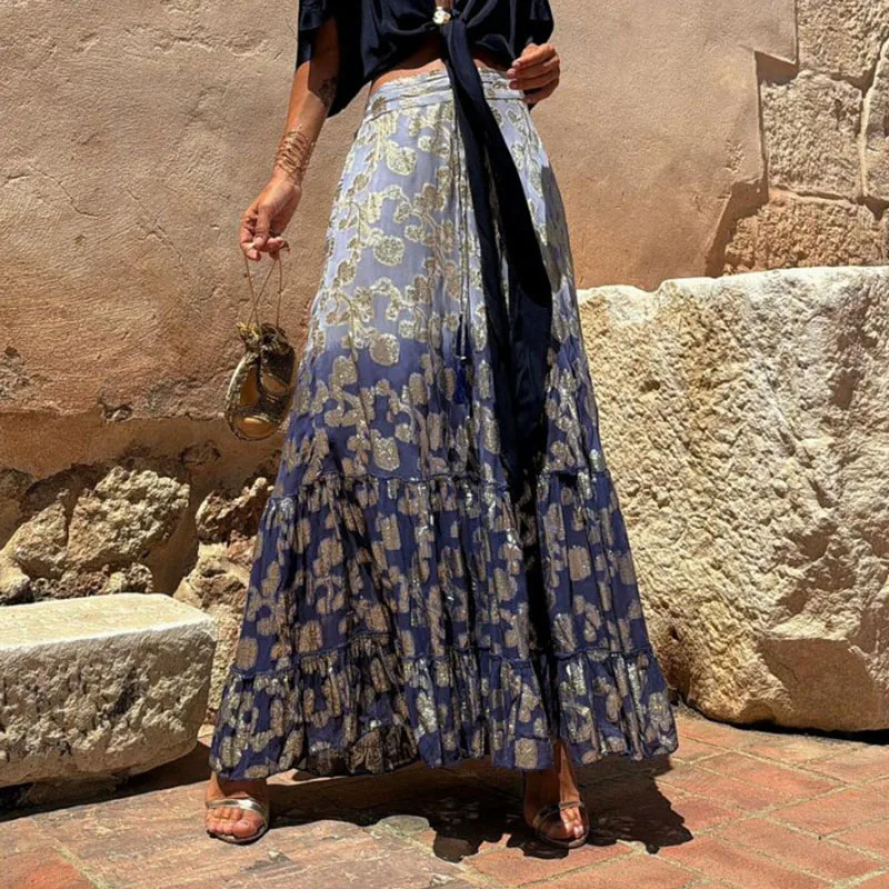 

Casual High Waist Ruffled Swing Long Skirt Summer Floral Print Gradient Holiday Half Skirt 2024 Lady Fashion Pleated Beach Skirt