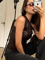 Trendix Women One Shoulder PU Top 2025 New Slant Collar Fashion Slim T-shirts For Femme Street Vintage Side Zipper Leather Tops 2