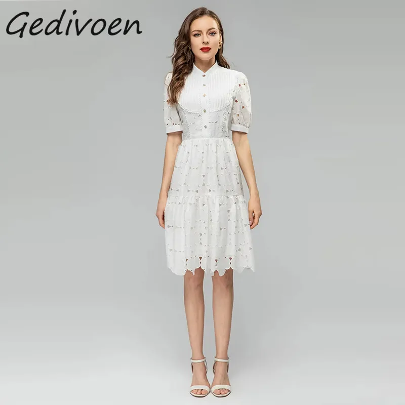 

Gedivoen Summer Fashion Designer Vintage Embroidery Dress Women's O-Neck Pleated Button Hollow Out Ruffles High Waist Midi Dress
