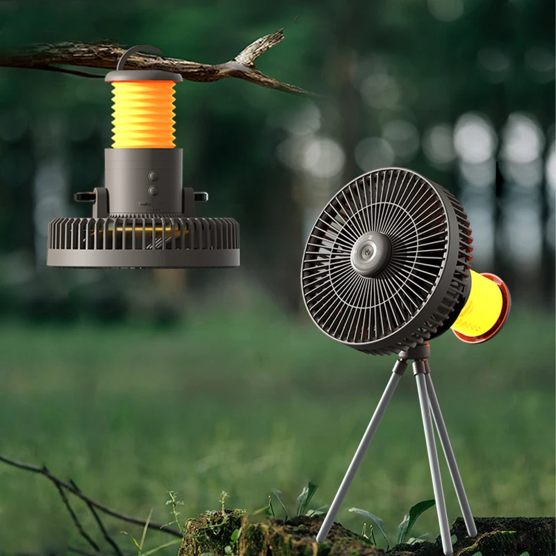 

New Outdoor Table Tripod Electric Fan With Led Lantern Quiet Working Battery Rechargeable Desktop Cooling Tent Fan For Camping