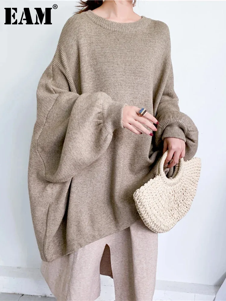 

[EAM] Big Size Gray Knitting Sweater Loose Fit Round Neck Long Sleeve Women Pullovers New Fashion Autumn Winter 2024 1Y190