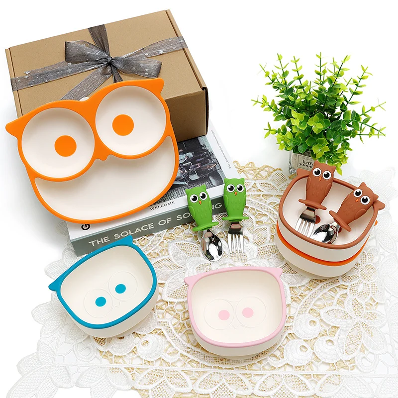 

Baby Bowls Plates Spoon Fork Silicone Sucker Food Tableware Cartoon Animal Shape Baby Dishes Owl Food Feeding Bowl For Newborn