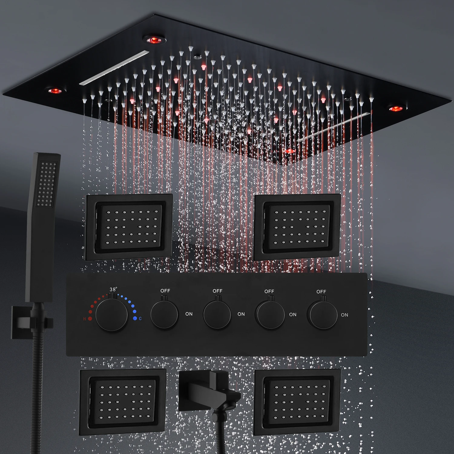 Shower Head Shower Set Matte Black LED Shower Head Panel Rain Waterfall Shower System Set Lateral Jet With Thermostatic Mixer Valve Diverter
