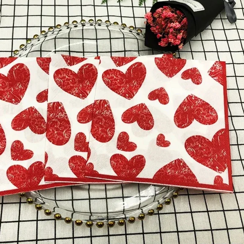 20pcs/P Heart Shaped Colourful Printed Napkin Wedding Valentine's Day Facial Tissue Proposal Decoration Wine Glass Flower Paper