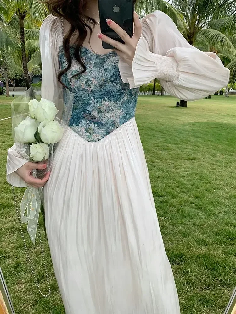 

French Dress Cute Sweet High-end Y2k Court Style Women Dress Floral Slim Waistband Elegant Square Collar Young Lady Girl Custome