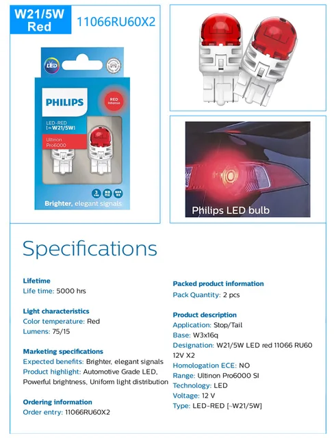 Philips LED W21/5W 7443 T20 Ultinon Pro6000 Red White Amber Two Contacts  Original Auto Turn Signal Stop Lamps 11066 Error Free