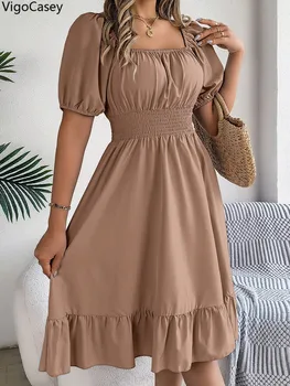 VigoCasey 2025 Summer Female Square Collar Short Dress Women Sexy Cross Short Sleeve Clud Dress Lady Solid Ruffle Casual Dresses