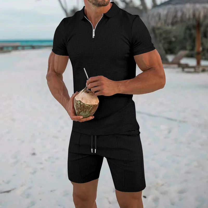 T-shirt Men's European and American Men's Short Sleeved Shorts Set Summer Solid Color Casual Loose Half Zippered Lapel