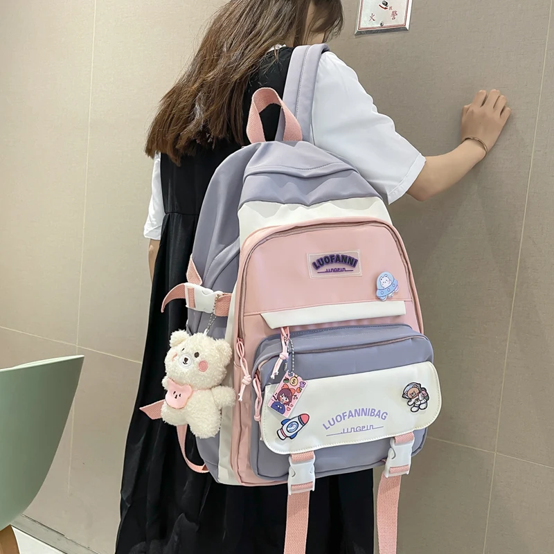 

JULYCCINO New Patchwork Badge Woman Backpack Waterproof High School Girls Bagpack Harajuku Kawaii Schoolbag Teenage Cute Mochila