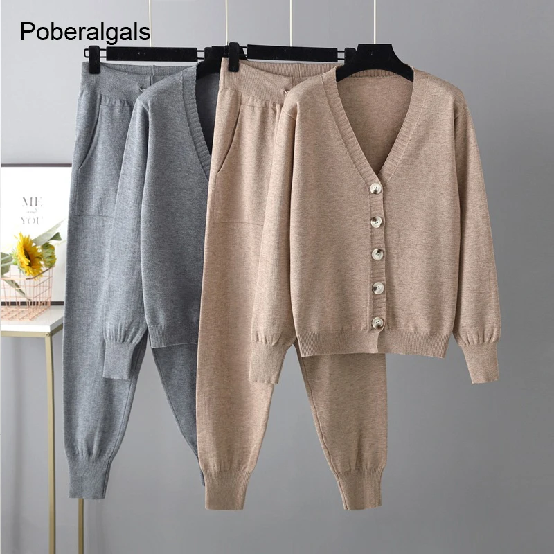 

Winter Women 2 Piece Pants Sets Cardigans Tops Womens V Neck Sweaters Cashmere Sport Knitted Tracksuits Autumn Two Piece Sets