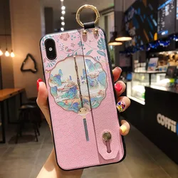 Custodia per telefono con cinturino a polso in stile cinese a forma di ventaglio circolare