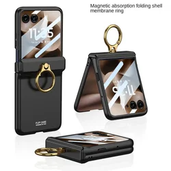 Magnetic Hinge Metal Ring Holder with Glass Protector and Camera Cover - Premium Phone Case for Motorola Razr 2025 (Black)