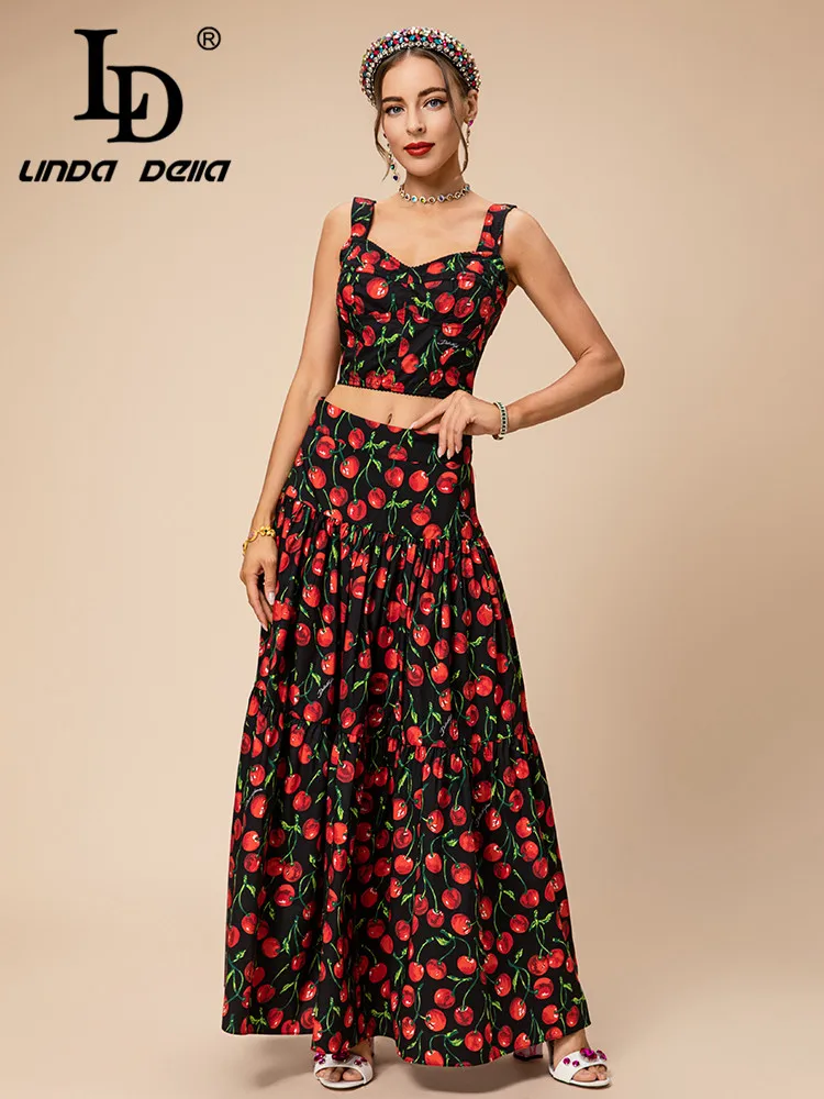 

LD LINDA DELLA New Style Fashion Runway Beach Wind Sexy Set Women's Real silk High Waist Cherry Print Splice Draped Skirts Set