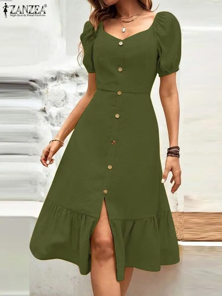 

ZANZEA Summer Fashion Dress Women Puff Sleeve Square Neck Dresses Casual Loose Buttons Vestidos Bohemian Holiday Sundress Robe