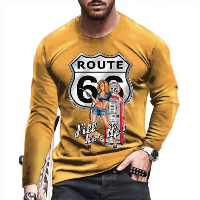 Autumn US66 Printed T-Shirt 3d Vintage Cotton Round Neck Street Pullover New 2022 Fashion Men'S Loose Long Sleeve T-Shirt 5xl 2