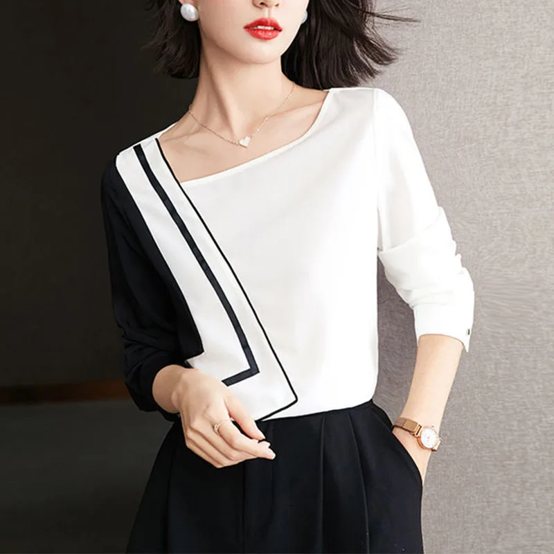 Profession Office Lady Elegant Chiffon Shirt Urban Fashion Long Sleeves Skew Collar Loose Women Splicing Pullovers Blouses 2022