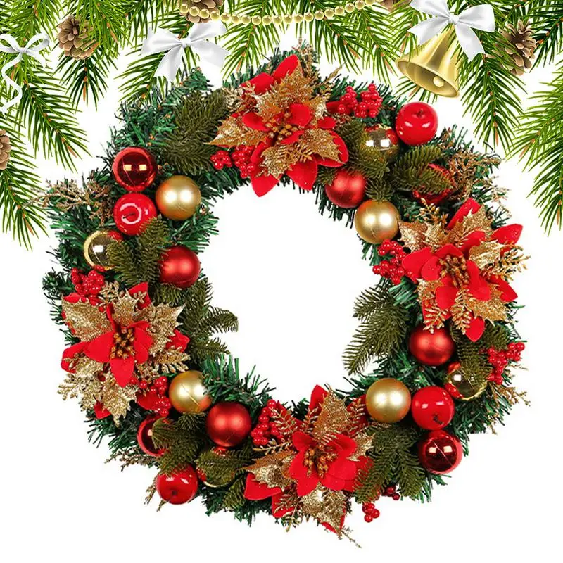 

40cm Outdoor Christmas Wreath Artificial Large Rattan Garlands with Flowers Berries Balls Christmas Ornament for christmas Decor