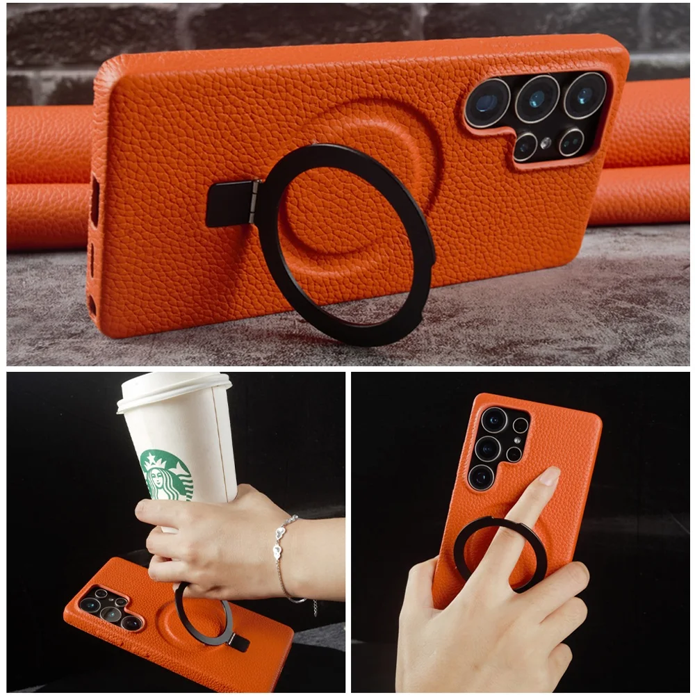 Genuine Leather Magnetic Ring Stand Phone Case with Back Cover