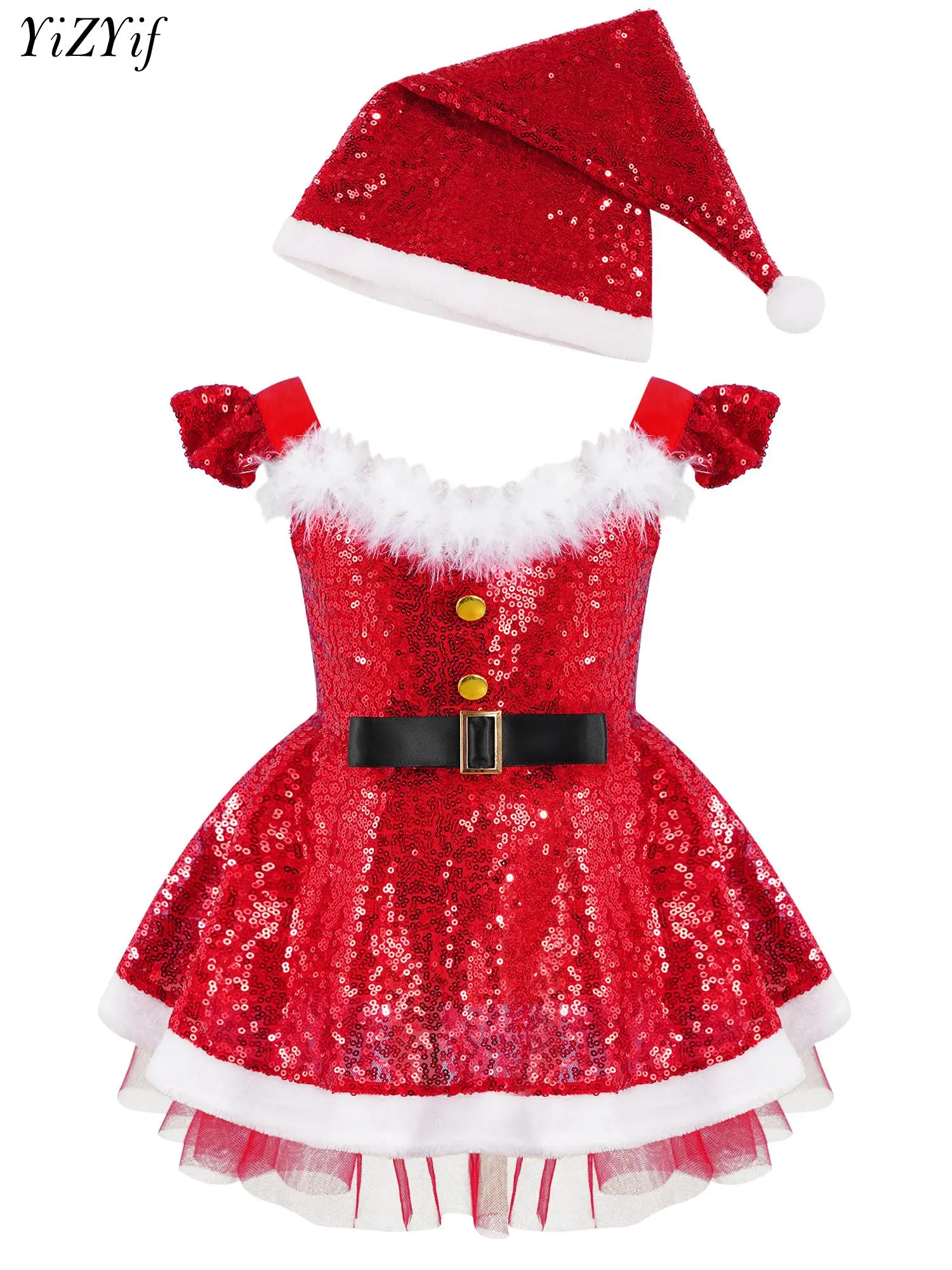 

Girls Christmas Santa Claus Tutu Dress Sequins Figure Ice Skating Ballet Dancewear Xmas New Year Party Holiday Stage Performance