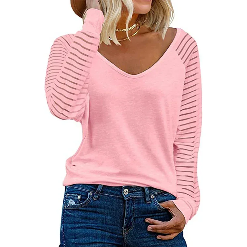 

Fashion See-through Stripes Long Sleeve T-Shirt Women Loose V Neck Solid Color Tees Female Comfortable Casual Commuter Tops New