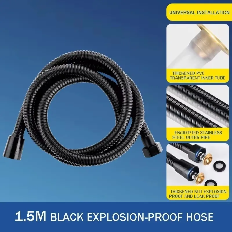 High Quality Black 1.5m/ 2m /3m G1/2 Inch Flexible Shower Hose Stainless Steel Chrome Bathroom Water Head Shower Extension Pipe