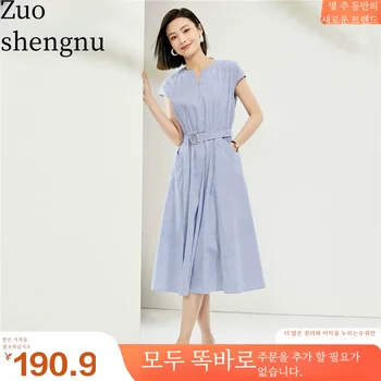Giordano 스커트 여성 여름 새로운 휴가 스타일 스트라이프 작은 V-neck 벨트 짧은 소매 원피스 18464605