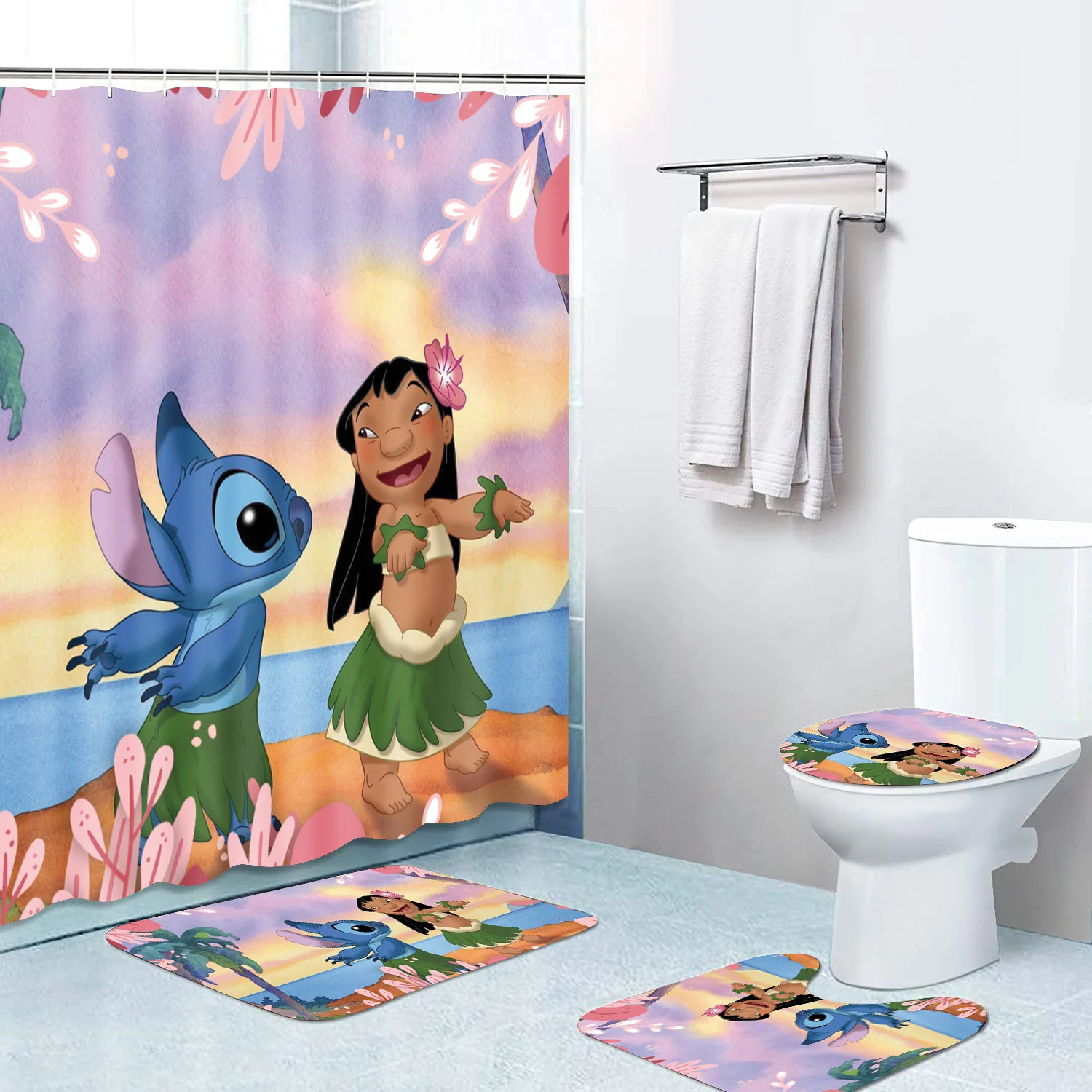 Disney Stitch Bathroom Curtains Shower Curtain Set for Bathroom Cartoon Ornate Bath Rug Decor