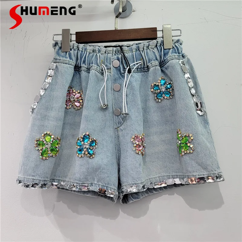 Fashion 2024 Summer New Denim Shorts Handmade Flower Rhinestone-Embedded Loose Denim Wide Leg Shorts Feminine Denim Short Pants