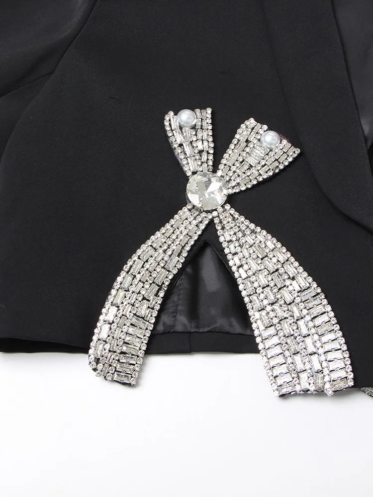 KBQ Temperament Spliced Diamonds Blazer For Women V Neck Long Sleeve Solid Split Straight Cropped Blazers Female Clothing New