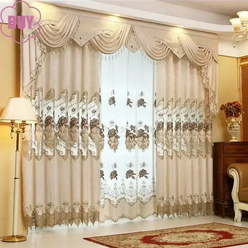 European Style Curtains For Living Dining Room Bedroom Luxury Embroidered Beige Chenille Curtain Valance French Window Tulle