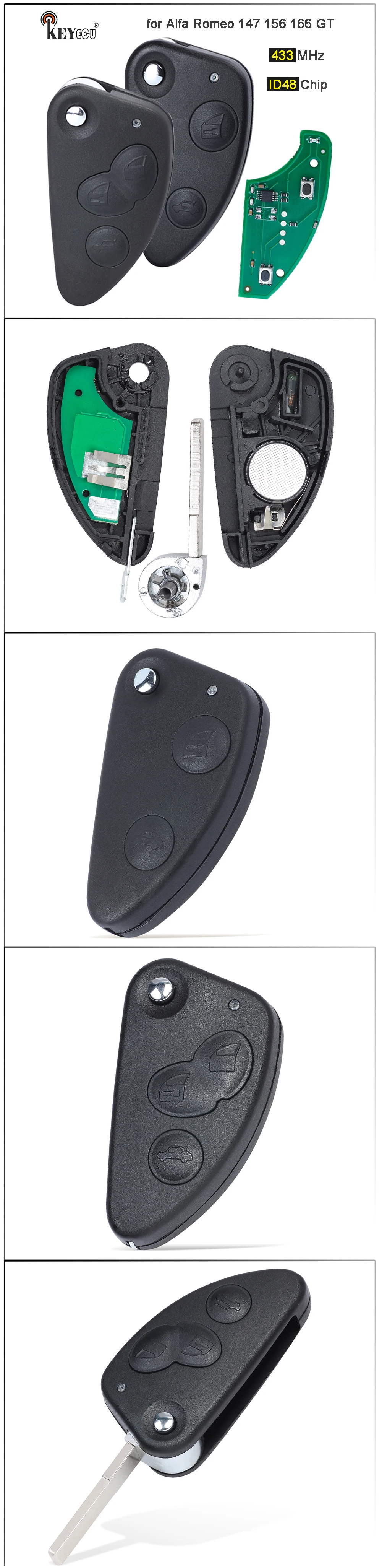 Keyforkess 433MHz ID48 sostituzione Chip Flip Remote Key Fob 2 / 3 pulsante per Alfa Romeo 147 156 166 GT - Sda95b4a28cad44b98f1d8e458c1c8c815