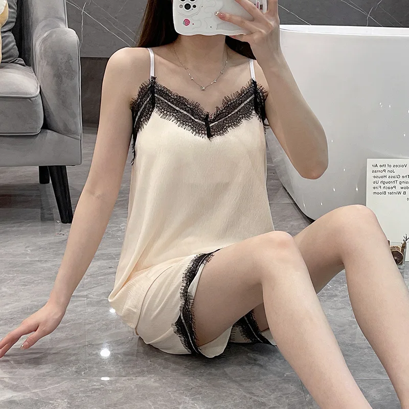 Summer New Thin Pajamas Women's Imitation Cotton Wrinkle Cloth Sexy Breast Cushion Suspender lace Sweet and Cute Two Piece Set