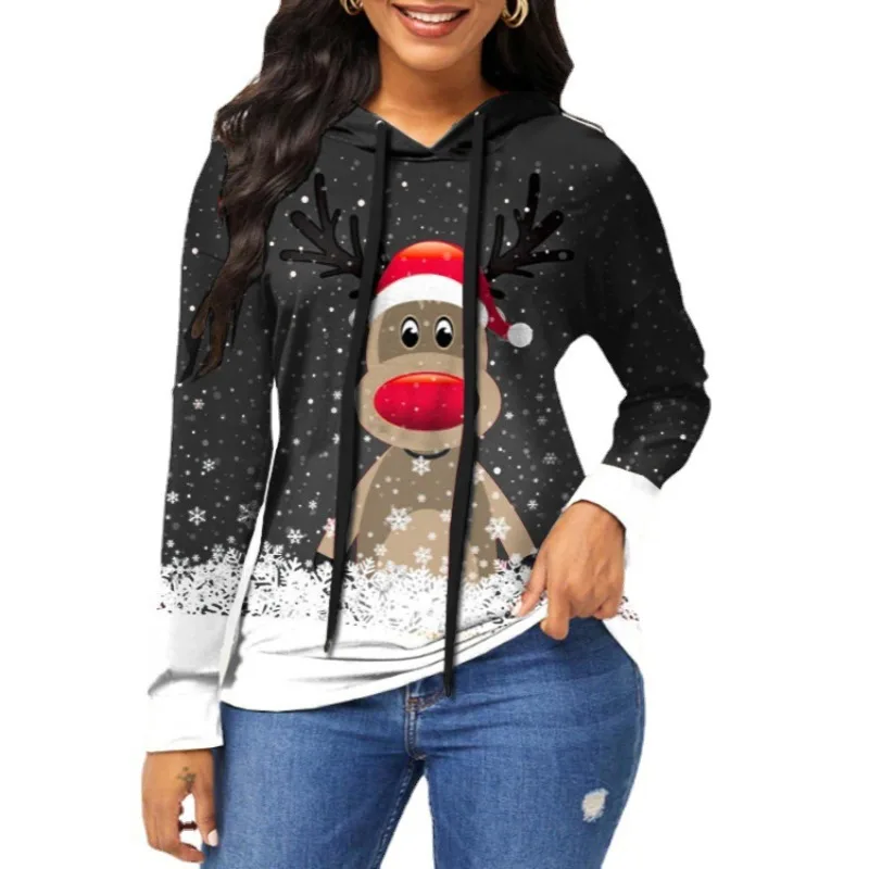 Autumn Winter Women's Pullover Hoodie Drawstring Solid Christmas Printing Lantern Polka Dot Long Sleeve Fashion Casual Tops