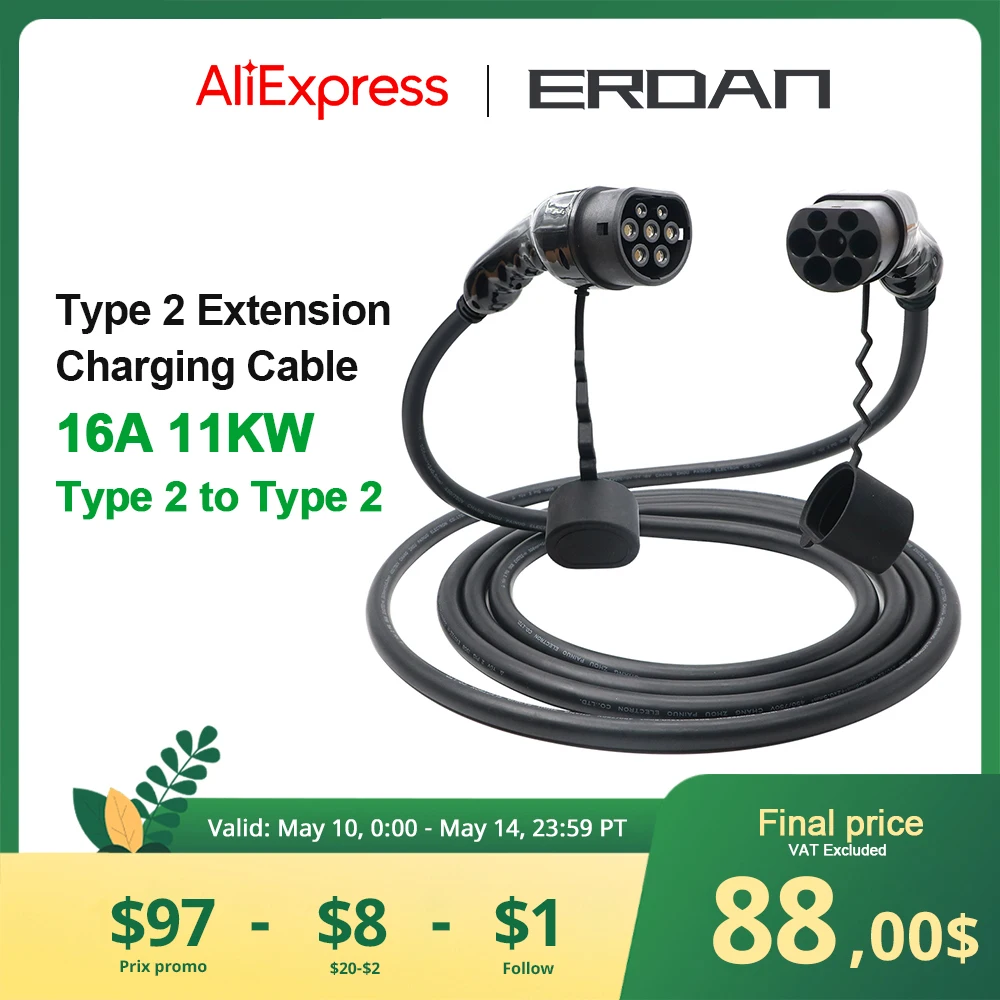 Erdan Ev Charging Cable 11kw Single/three Phase Type 2 Iec 62196 Evse