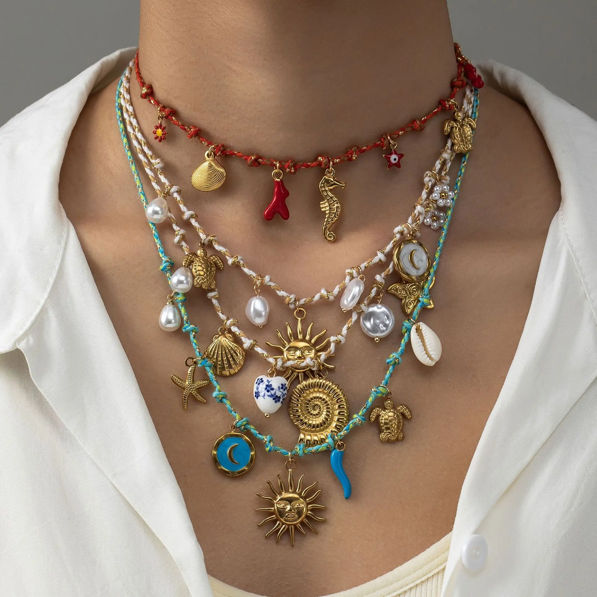 New Marine Organism Pendant Mini Sun Snail Shell Flower Charms Choker Colorful Rope Pearl Imitation Coral Necklace Beach Jewelry