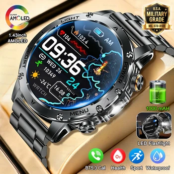 Smartwatch Militare 2026 per Uomo, Orologio Fitness con Schermo AMOLED 466*466, Batteria 1000mAh, Torcia, Chiamate, Impermeabile, T-Rex 3