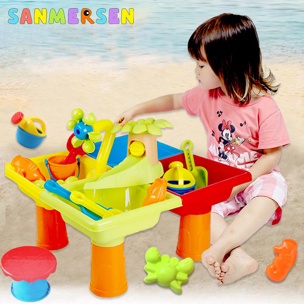 

4 in 1 Sand Water Table for Toddlers 25Pcs Sandbox Table Activity Sensory Sand Play Desks Summer Outdoor Beach Toys for Kids