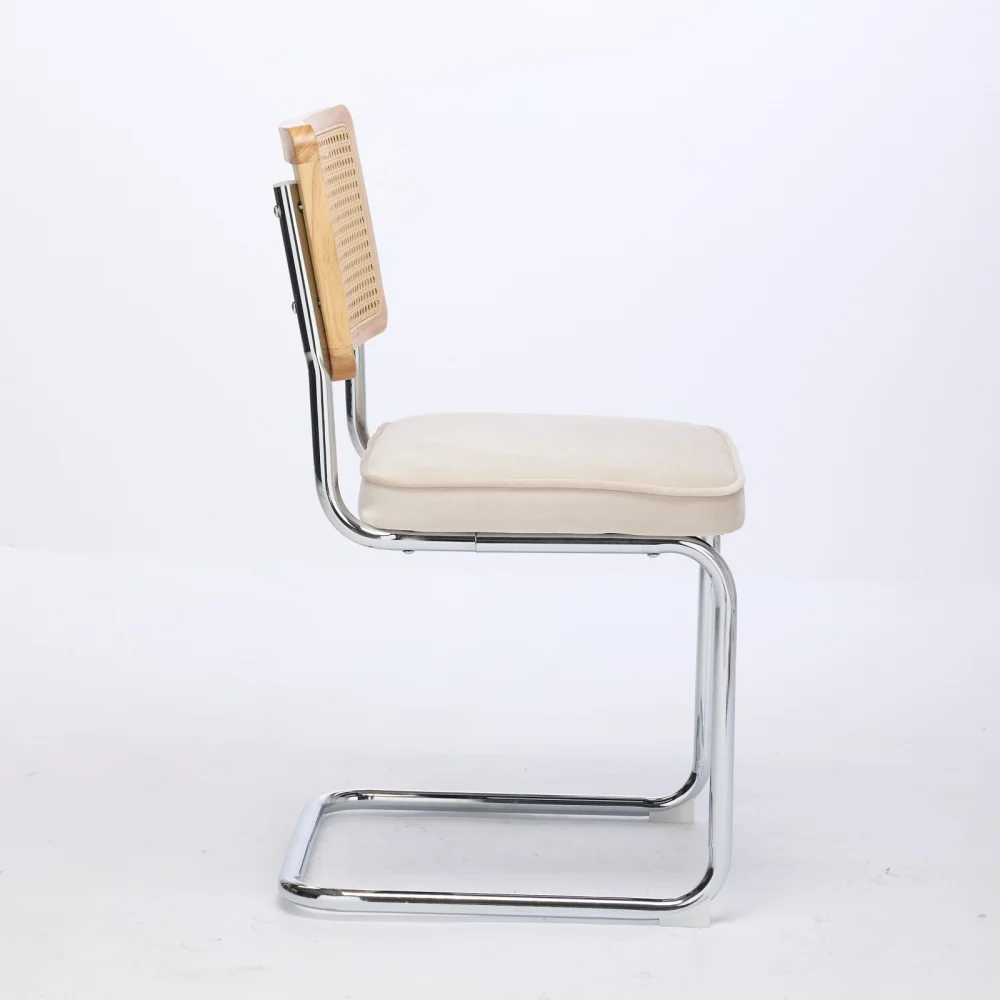 Moderne Esszimmerstühle aus der Mitte des Jahrhunderts, 2er-Set, Samt-Akzentstühle mit Rohrrrückenlehne und rostfreiem Chromsockel, gepolstertes Rattan – Detail 4