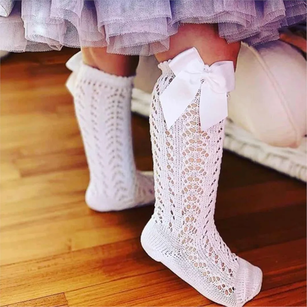 Children Girls Royal Style Bow Knee High Fishnet Socks.Baby Toddler Bowknot In Tube Socks.Kid Hollow Out Sock Sox 0-4Y