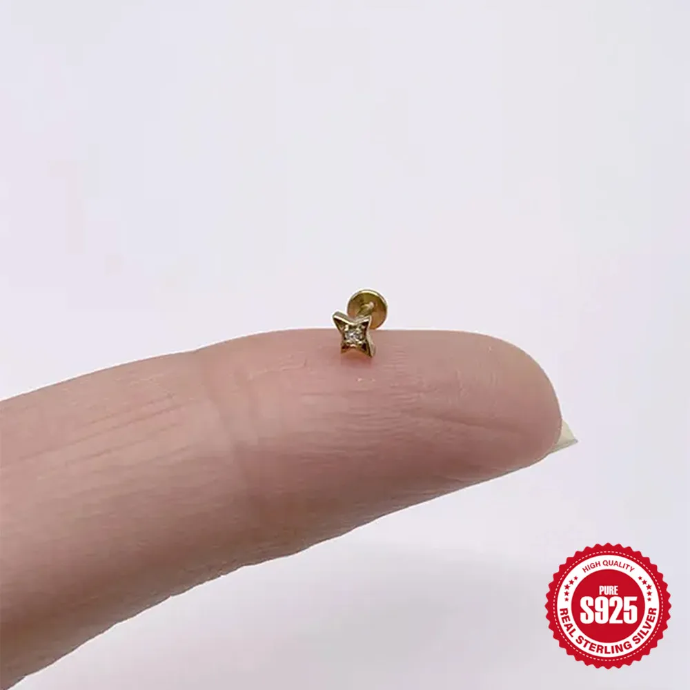 ROXI 1 Stück 925 Sterling Silber Mini Viereckiger Stern Zirkon Für Frau Flache Rückseite 18 Karat Gold Ins Piercing Ohrringe Edlen Schmuck – Detail 2